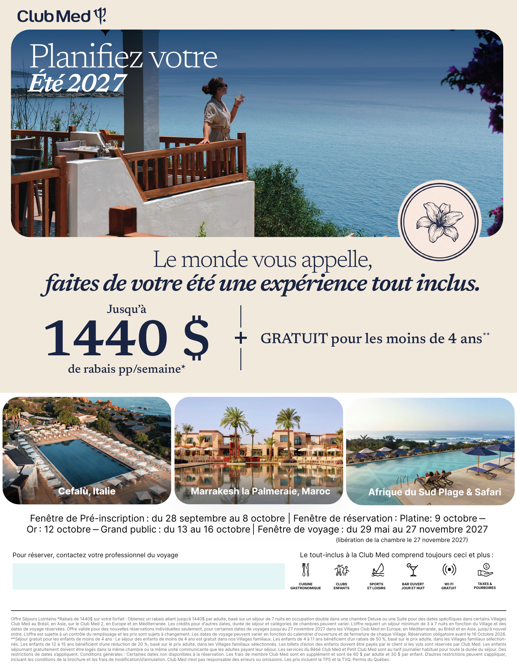 Club Med été 2027 : pré-inscription du 28 septembre au 8 octobre 2026, villages tout inclus à Cefalù, Marrakech et en Afrique du Sud, avec Voyages Mascouche