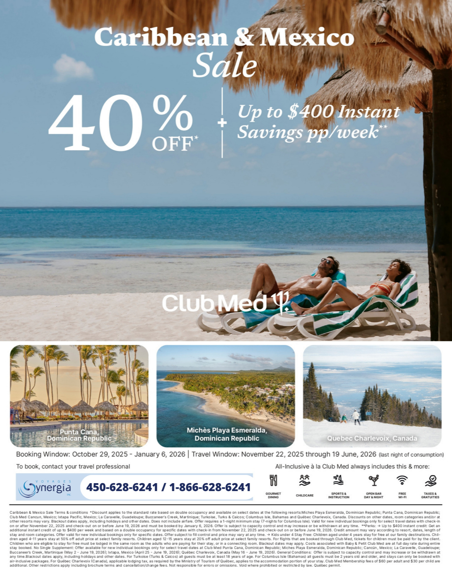 Club Med Promotions Caribbean and Mexico Sale 40% Off + $400 Instant Savings with Voyages Aqua Terra Mascouche