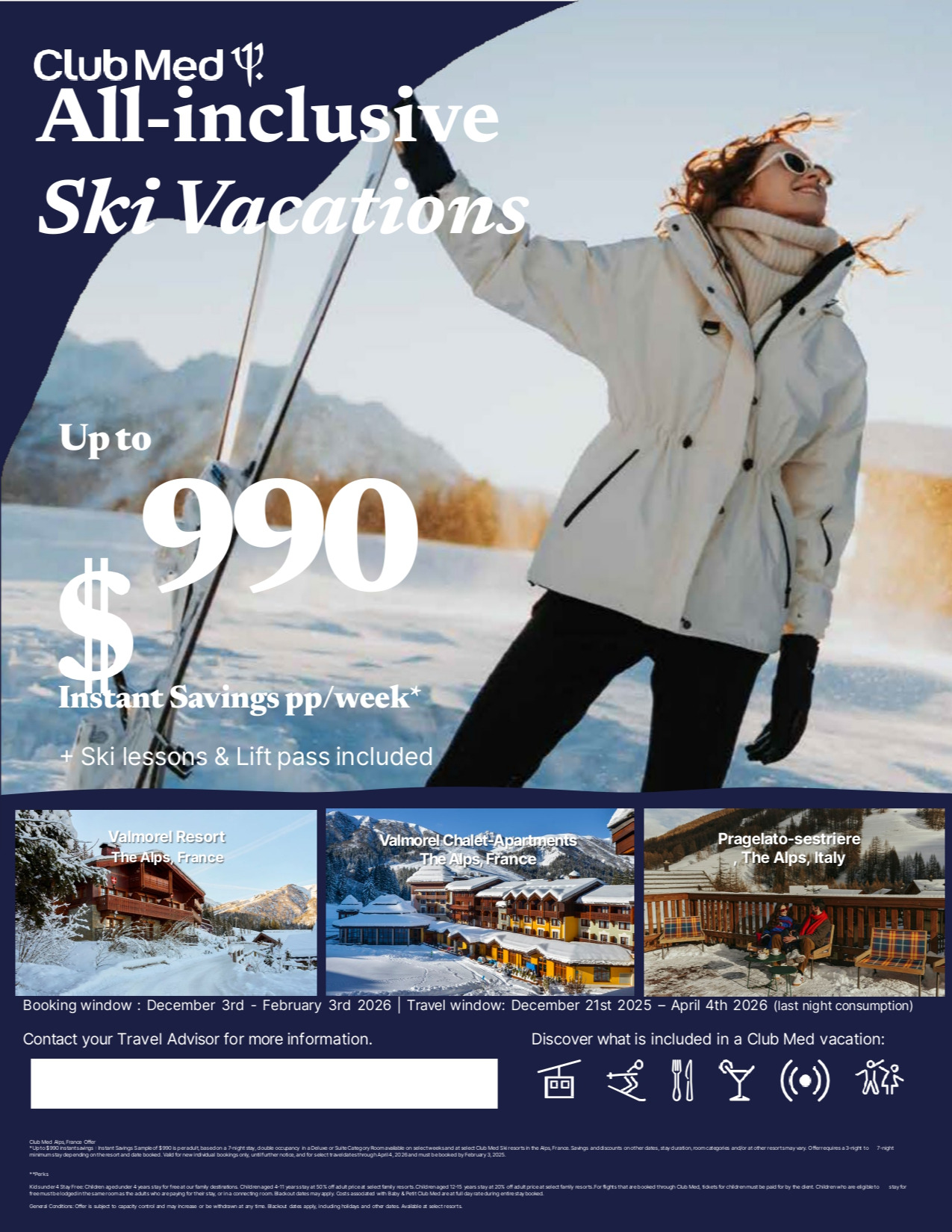 Club Med Promotions All-inclusive Ski Vacations Up to 990$ Instant Savings off with Aqua Terra Travel Mascouche