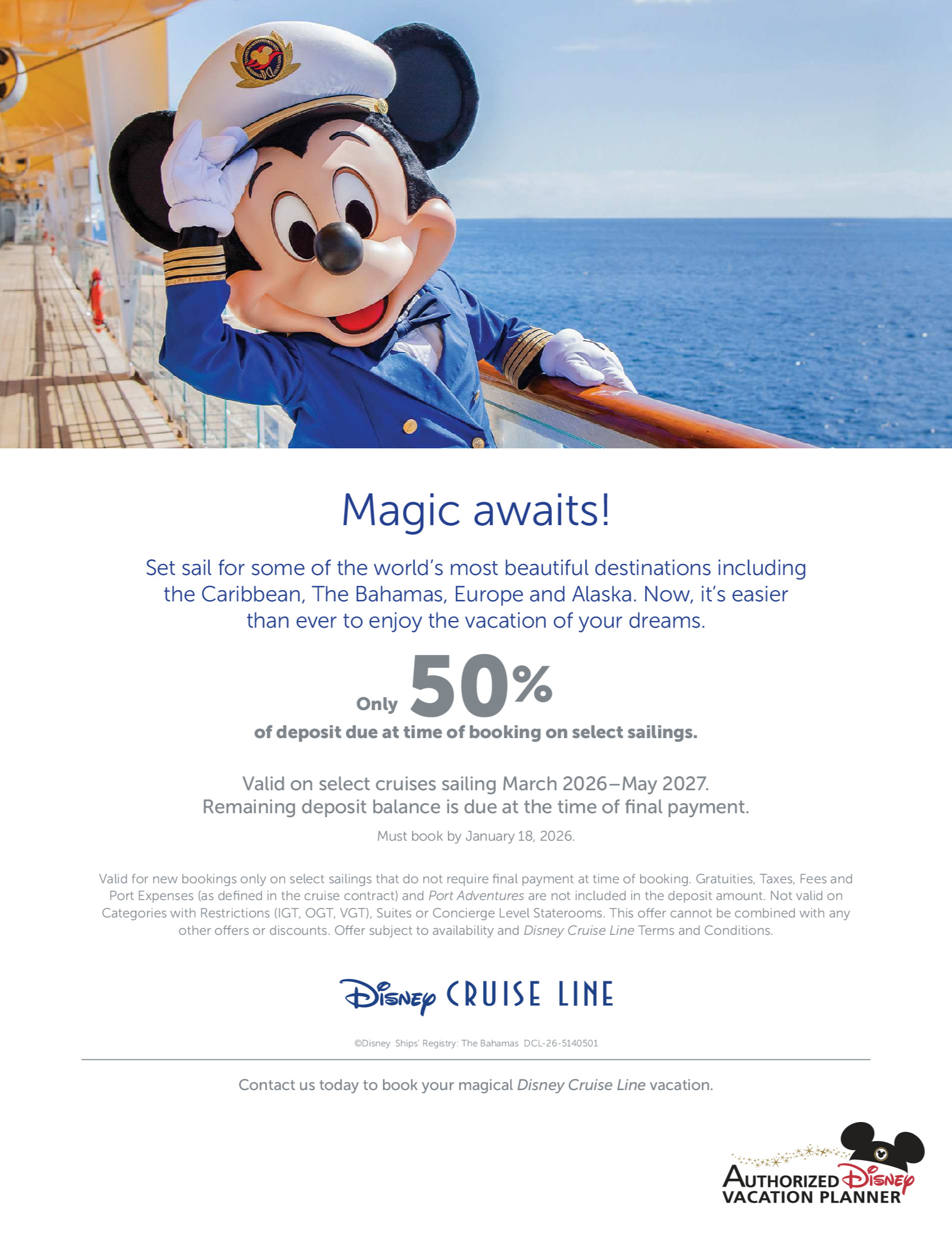 Promotion Disney Cruise Line : Obtenez 50% de rabais sur les 3ème et 4ème visiteurs avec les Créateurs de Magie de Voyages Synergia et Voyages Mascouche DISNEY PROMOTION Flyer SECTION-4 Flyer EN