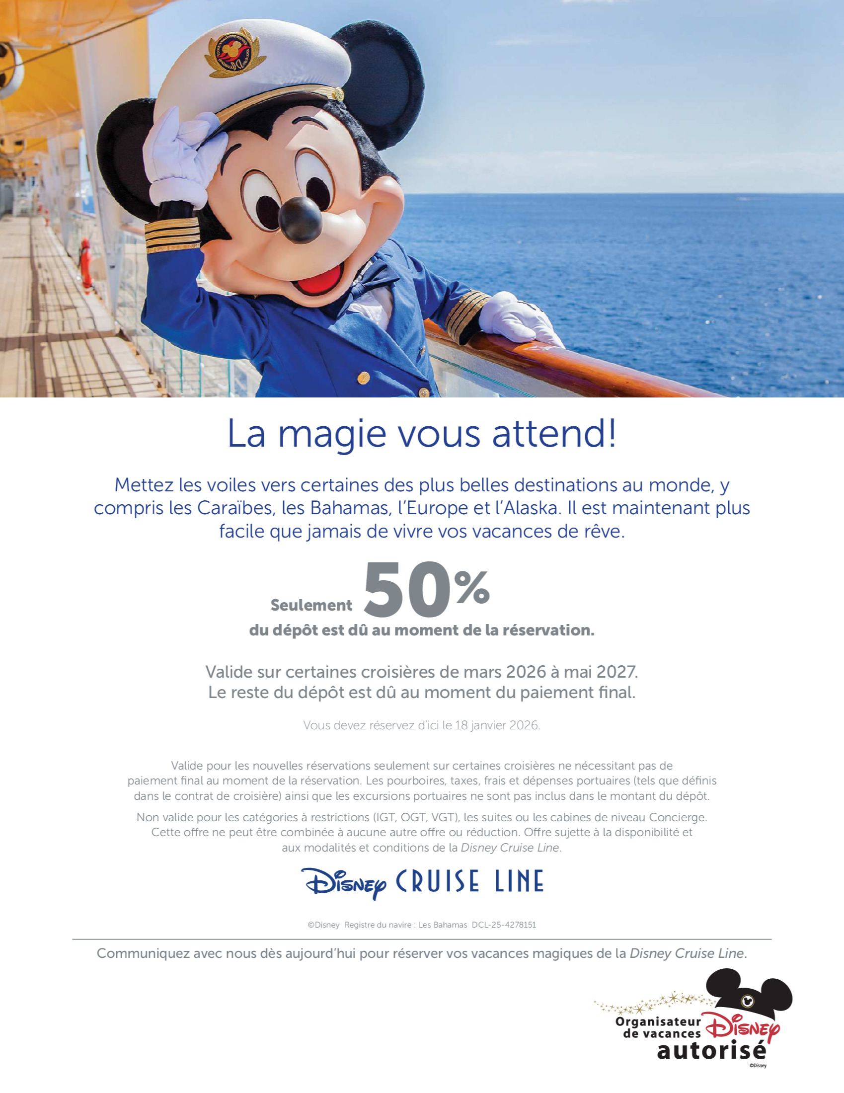 Promotion Disney Cruise Line : Obtenez 50% de rabais sur les 3ème et 4ème visiteurs avec les Créateurs de Magie de Voyages Synergia et Voyages Mascouche DISNEY PROMOTION Flyer SECTION-4 Flyer FR