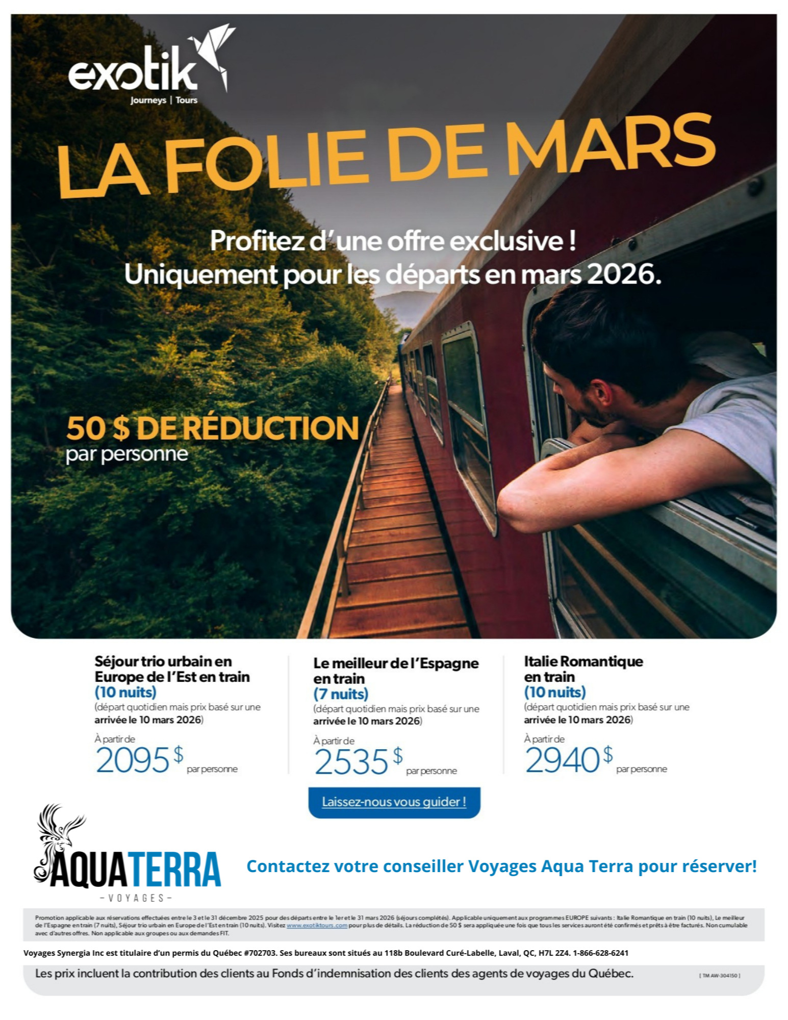 Promotion Exotik Tours 50$ de réduction par personne avec Voyages Aqua Terra Mascouche