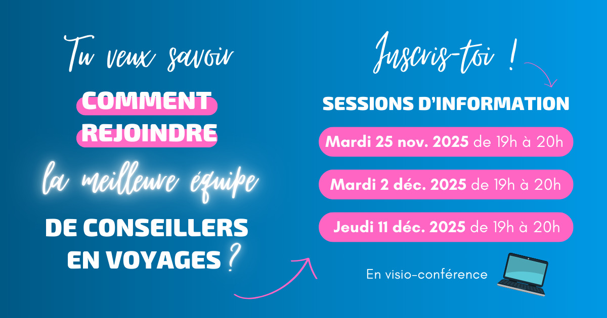 Session d'information pour devenir conseiller en voyages externe travailleur autonome Voyages Aqua Terra Voyages Synergia Formation en ligne Cours en ligne RECRUTEMENT CONSEILLER EN VOYAGES EXTERNE VOYAGES
