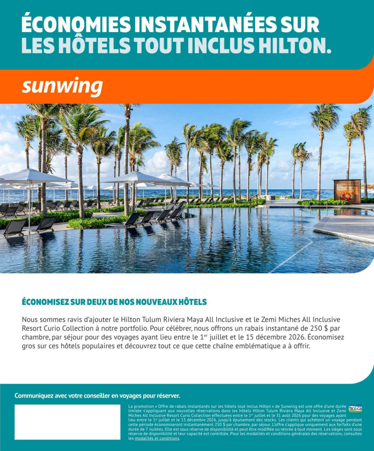 Promotion Sunwing Économies instantanées sur le hôtels tout inclus Hilton avec Voyages AquaTerra Mascouche