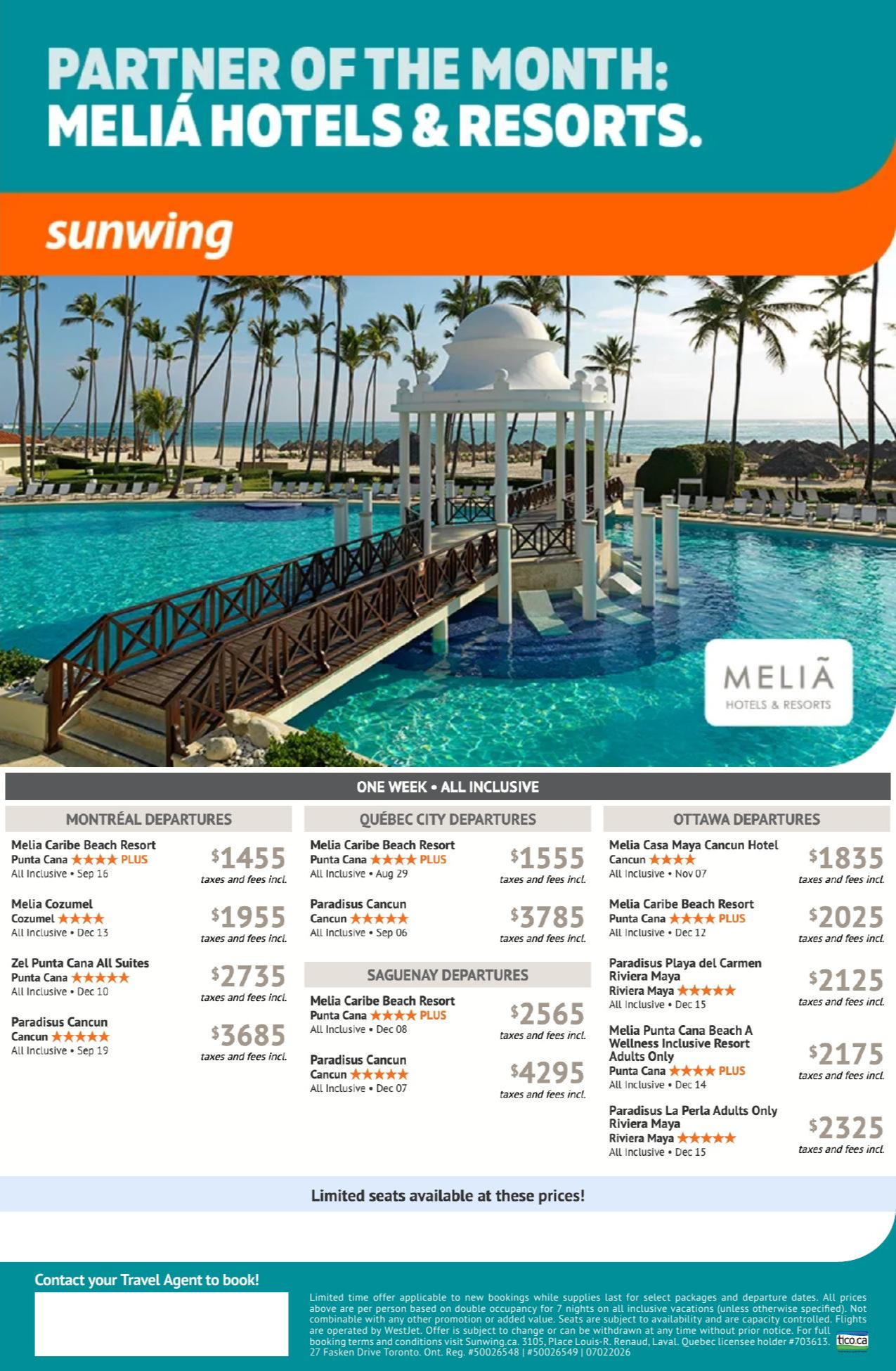 Sunwing Promotion Partner of the month : Melia Hotels & Resorts with Voyages AquaTerra Mascouche