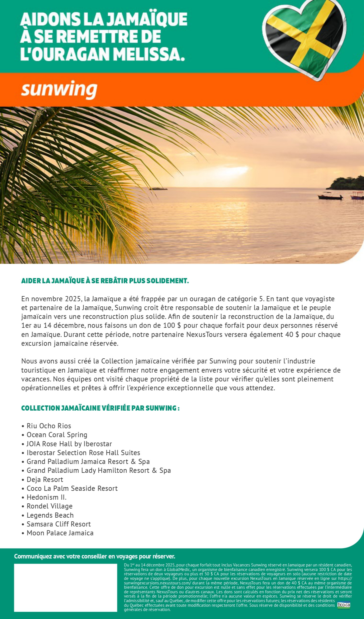 Promotion Vacances Sunwing Ouragan Mélissa Jamaique avec Voyages Aqua Terra Mascouche Promotion Vacances Sunwing Ouragan Mélissa Jamaique avec Voyages Aqua Terra Mascouche