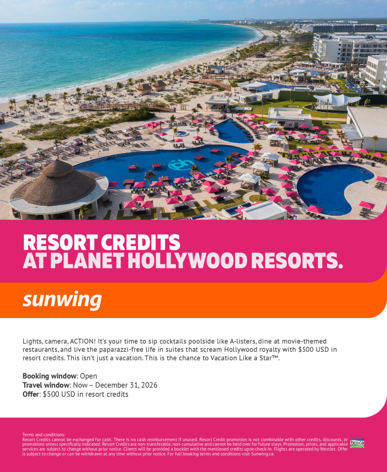 Sunwing Vacations Promotion Resort Credits at Planet Hollywood Resorts with Voyages Aqua Terra Mascouche
